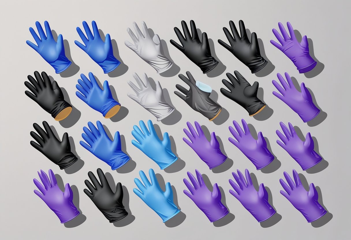 Affordable Nitrile Gloves Essential Uses, Benefits, And Safety Insights Various types of nitrile gloves in different colors and styles arranged on a neutral background.